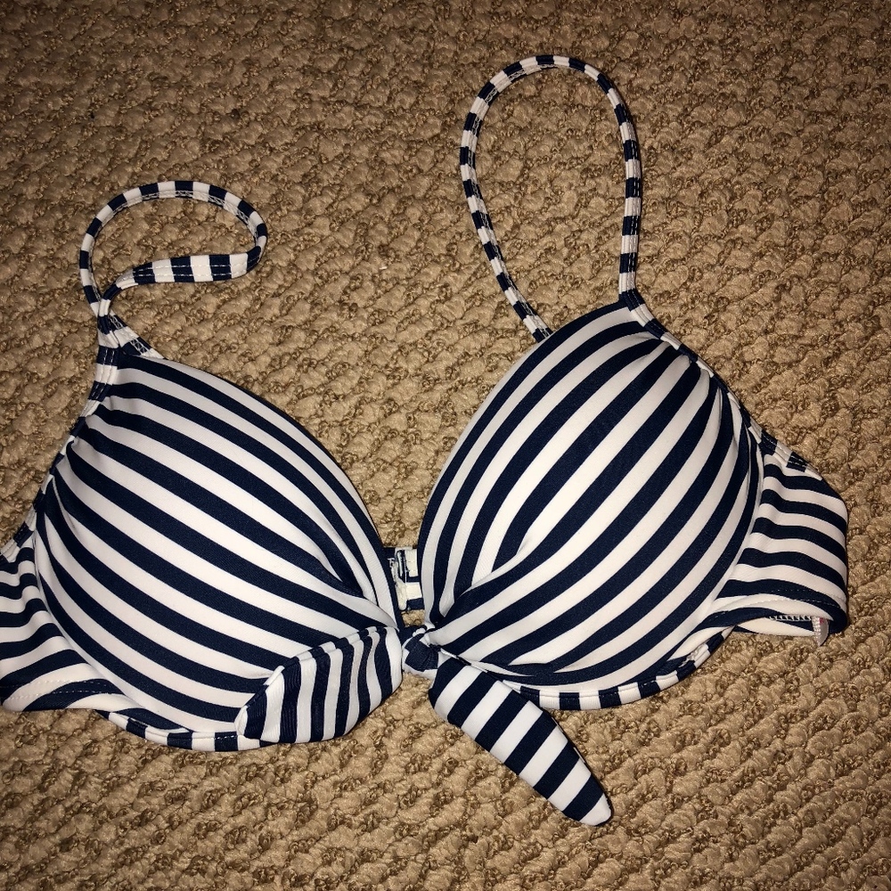 Blue and white striped bikini top